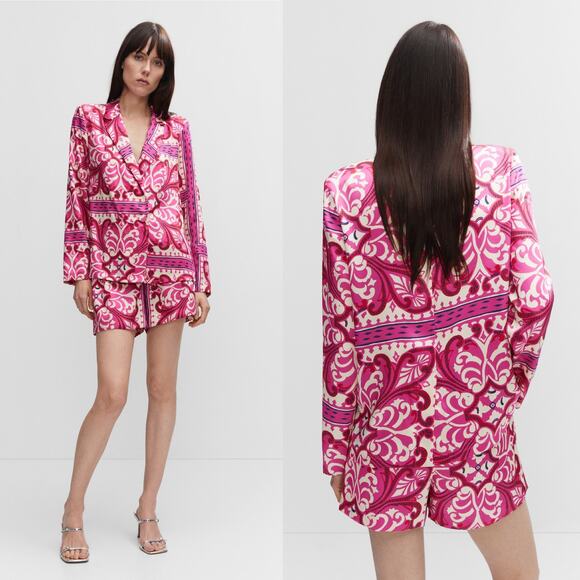 MANGO Printed Lapels Shirt Double Breasted Blouse Fuchsia Pink size 4 - Picture 2 of 13